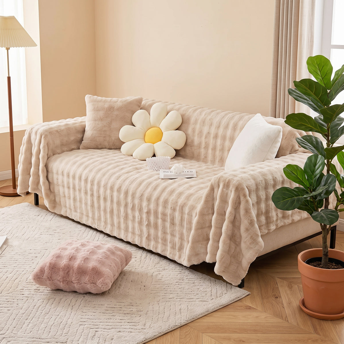 500 GSM Faux Rabbit Plush Sofa Cover Throw Blanket