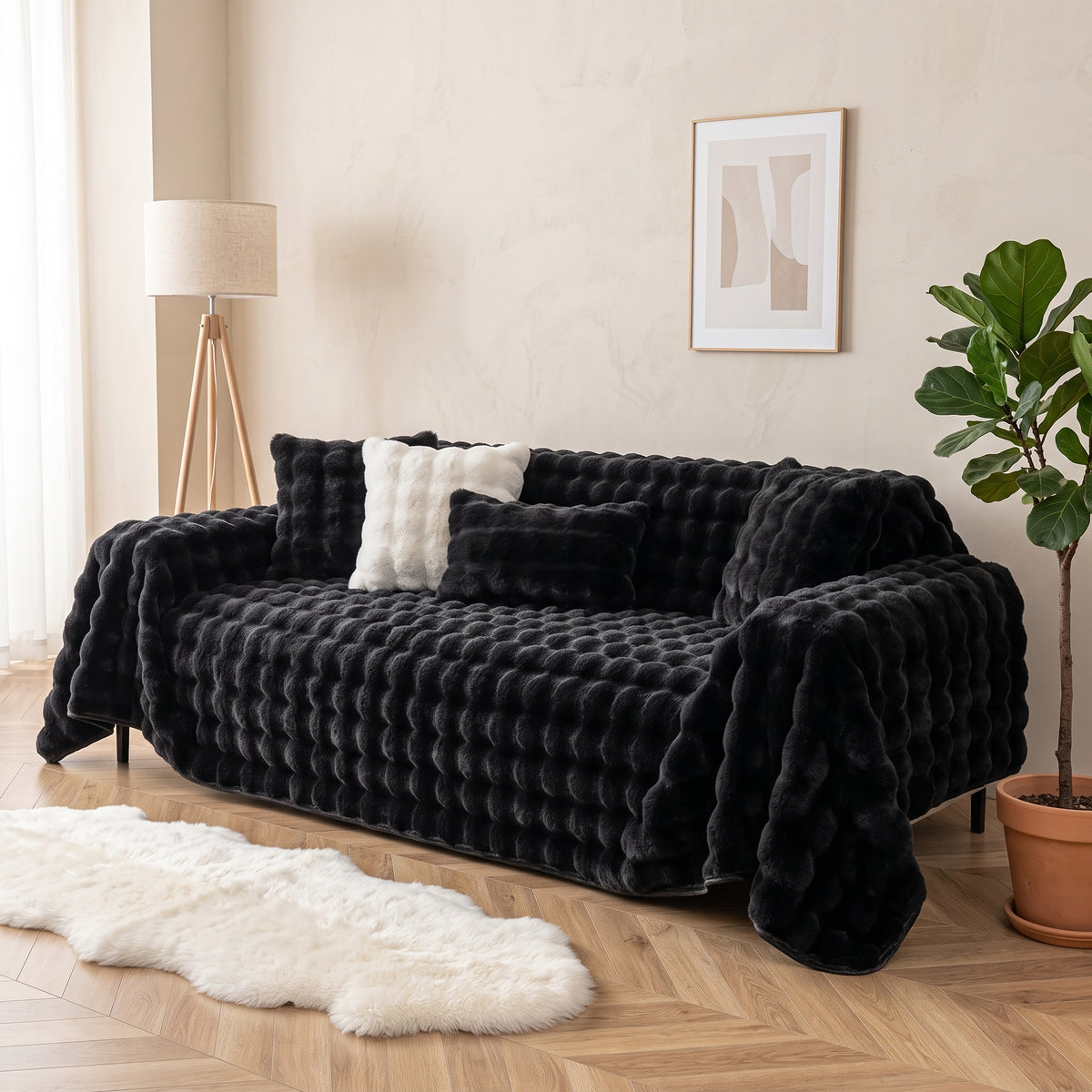 500 GSM Faux Rabbit Plush Sofa Cover Throw Blanket