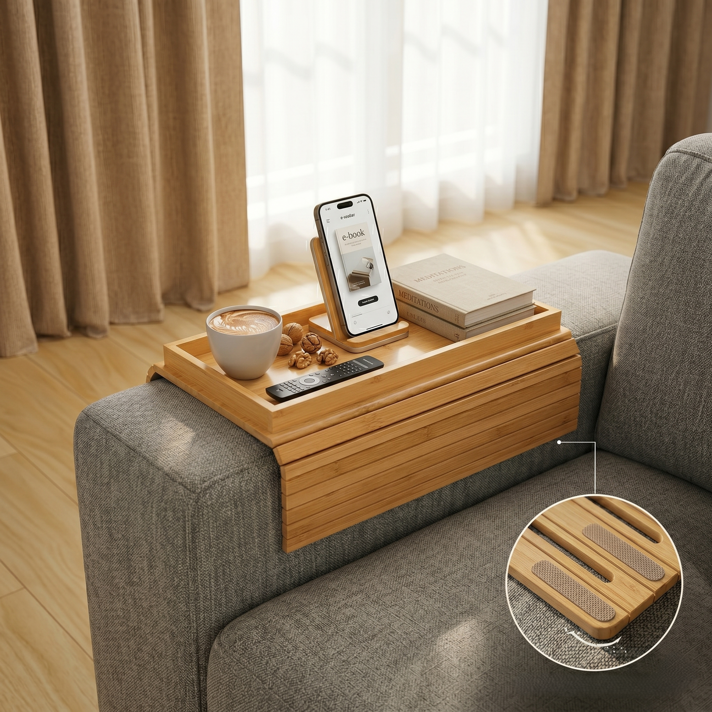 Foldable Bamboo Couch Arm Tray Table
