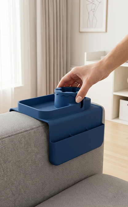 Premium Couch Arm Organizer Tray with Cup Holder & Storage Compartments