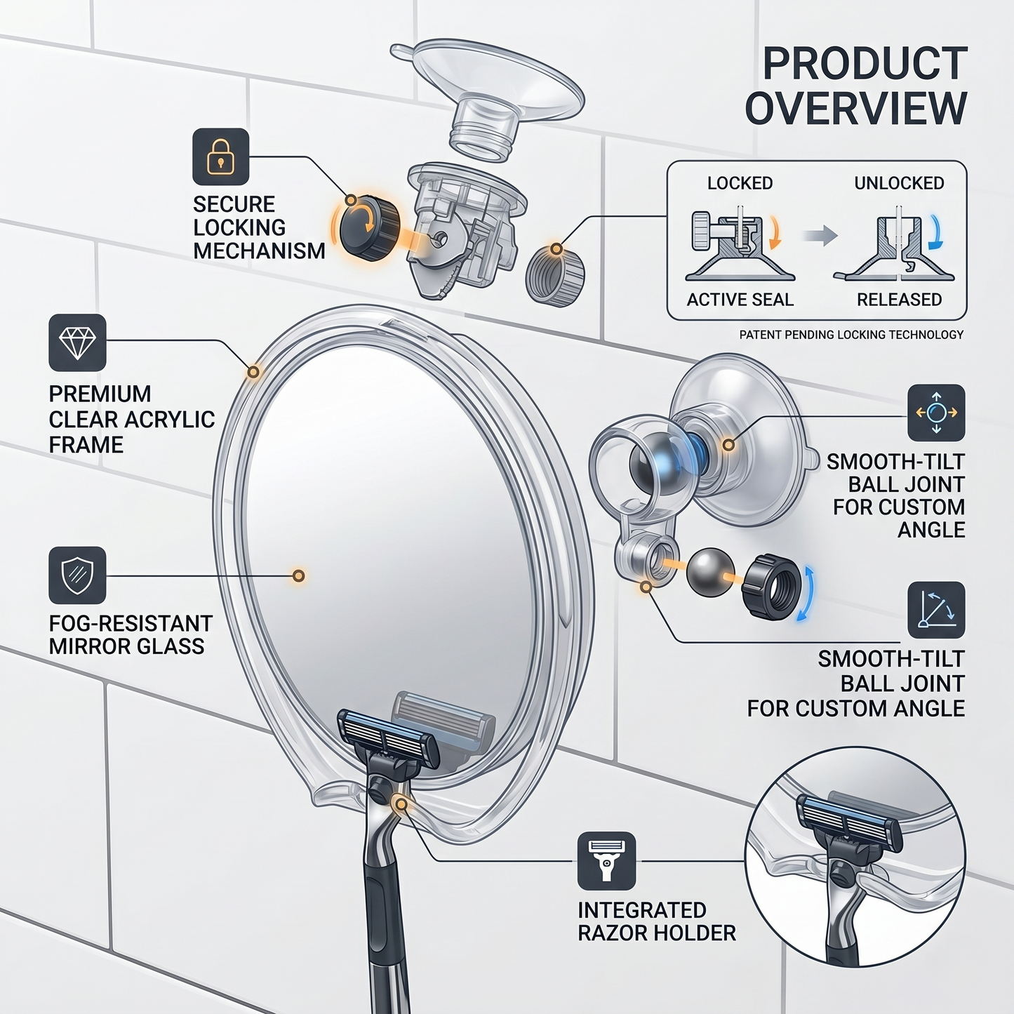Fog-Free Shower Mirror with Razor Hook & Strong Suction Mount