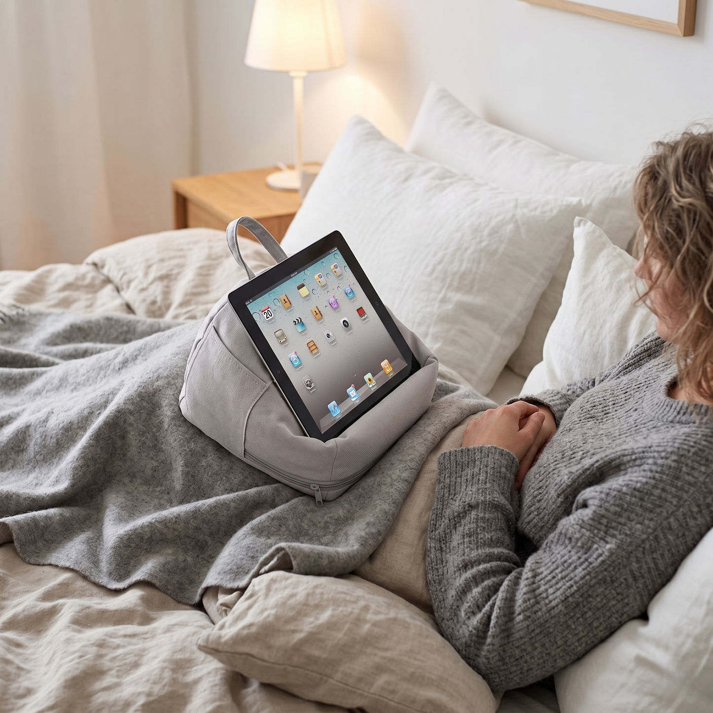 Hands-Free Bed & Couch Tablet Stand Pillow – Adjustable Soft Support for Phones & Tablets