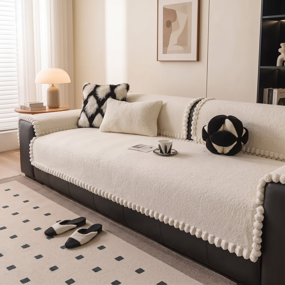 One-Piece Anti-Slip Sofa Cover with Textured Pom-Pom Trim