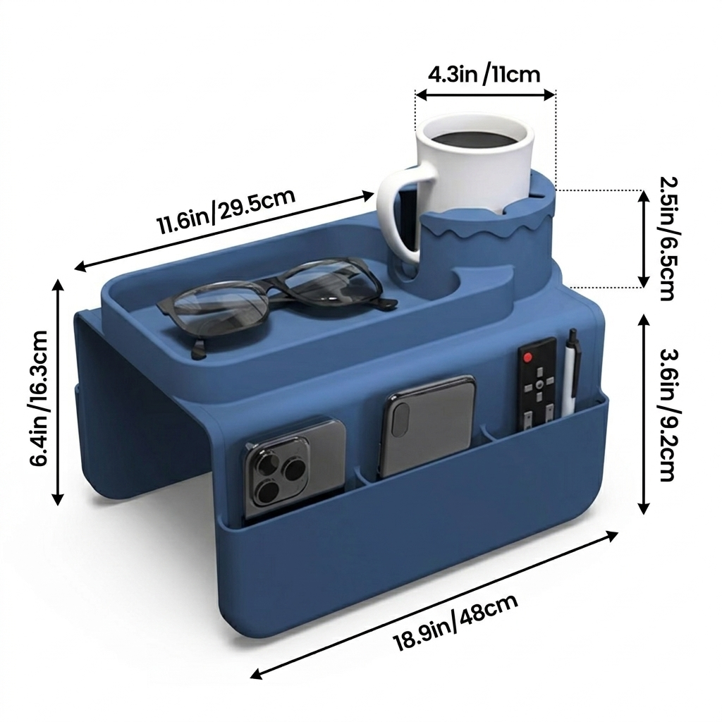 Premium Couch Arm Organizer Tray with Cup Holder & Storage Compartments