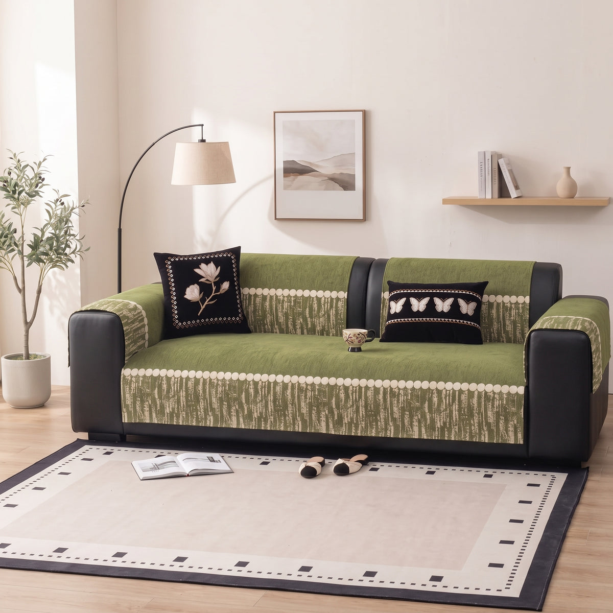 Quilted Non-Slip Modular Sofa Cushion Cover with Woven Border