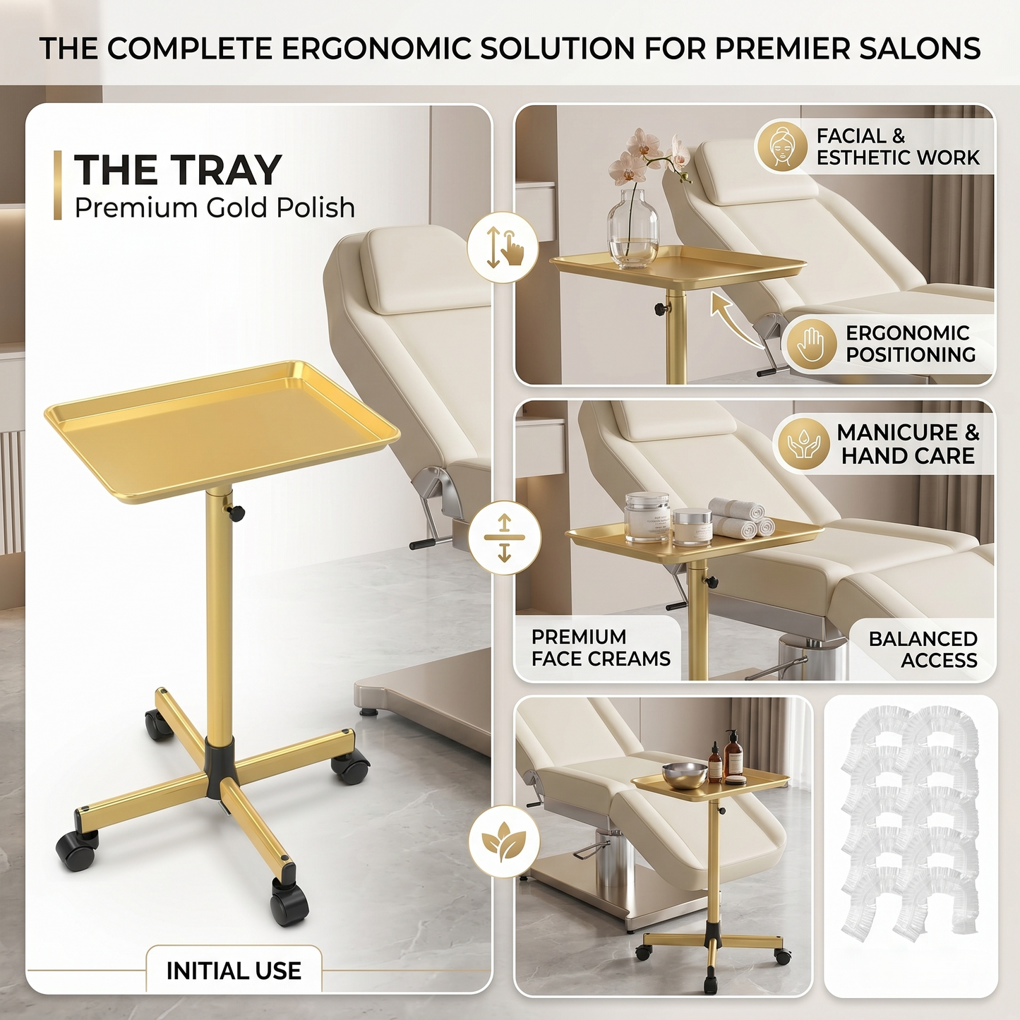Kovelli™ Adjustable Rolling Salon Tray Cart With Protective Covers