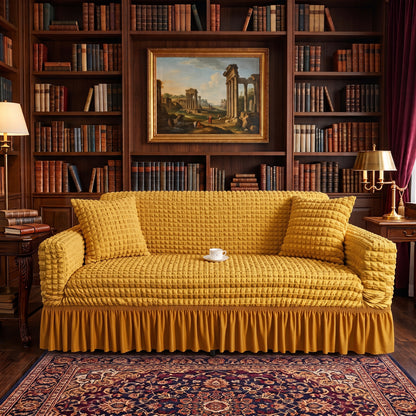 Stretch Textured Sofa Slipcover with Ruffled Skirt