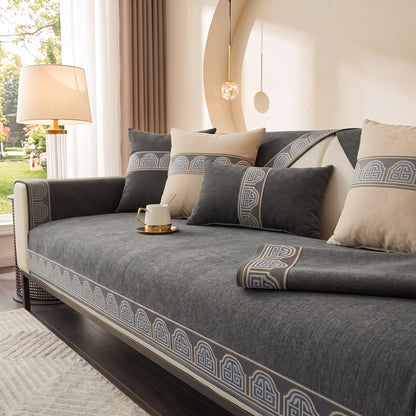 Chenille Sofa Cover with Anti-Slip Backing & Decorative Border