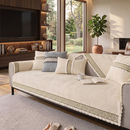 Textured Anti-Slip Sofa Protector Cover with Decorative Trim