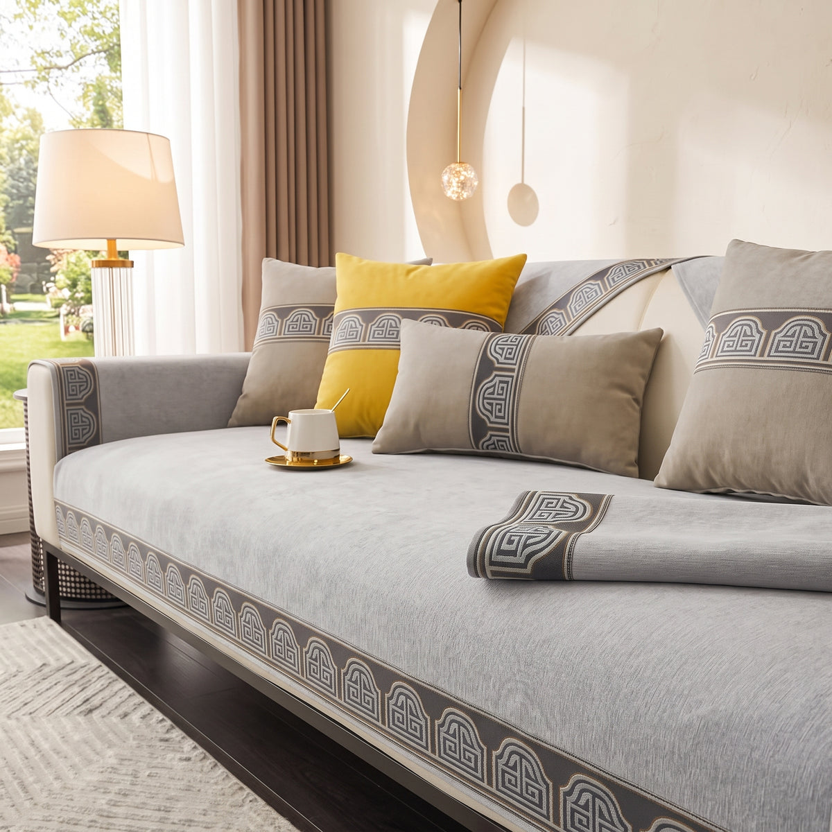 Chenille Sofa Cover with Anti-Slip Backing & Decorative Border