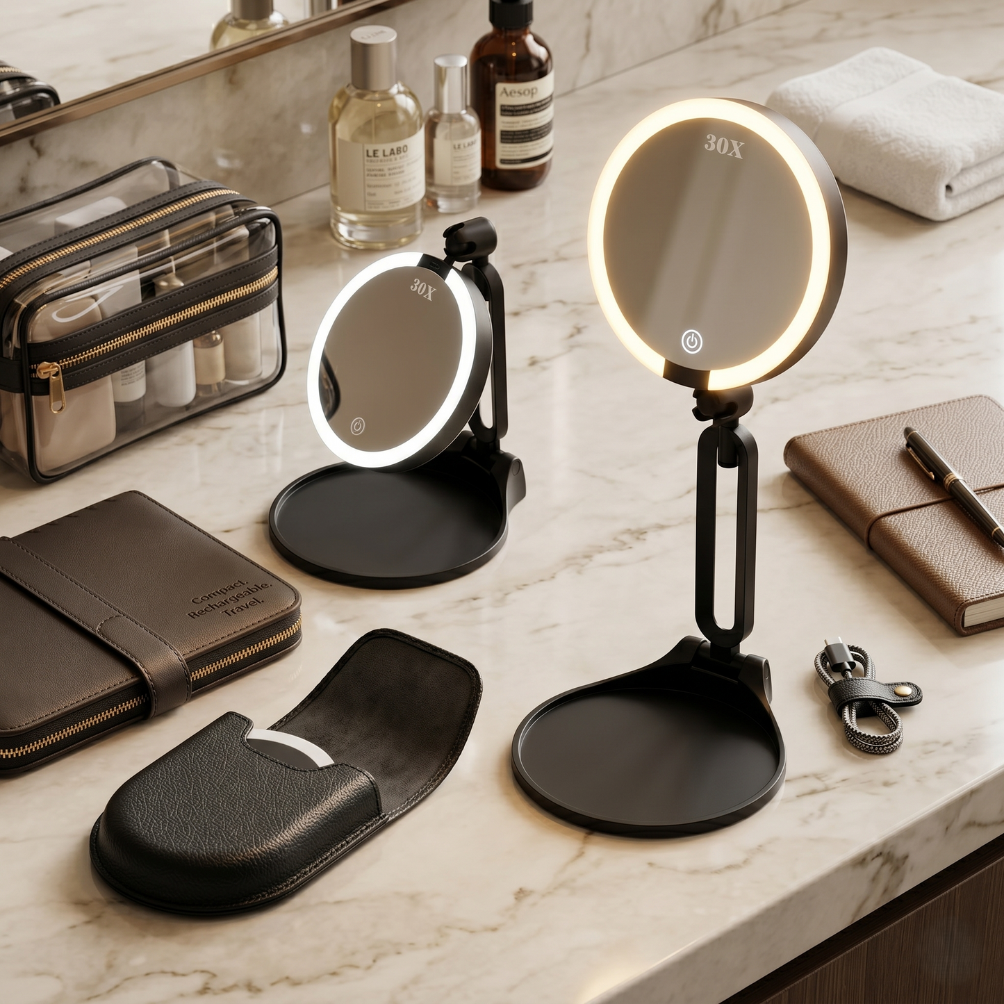 Kovelli™ LED Makeup Mirror with Lights & 30X Magnification – Rechargeable Portable Vanity Mirror
