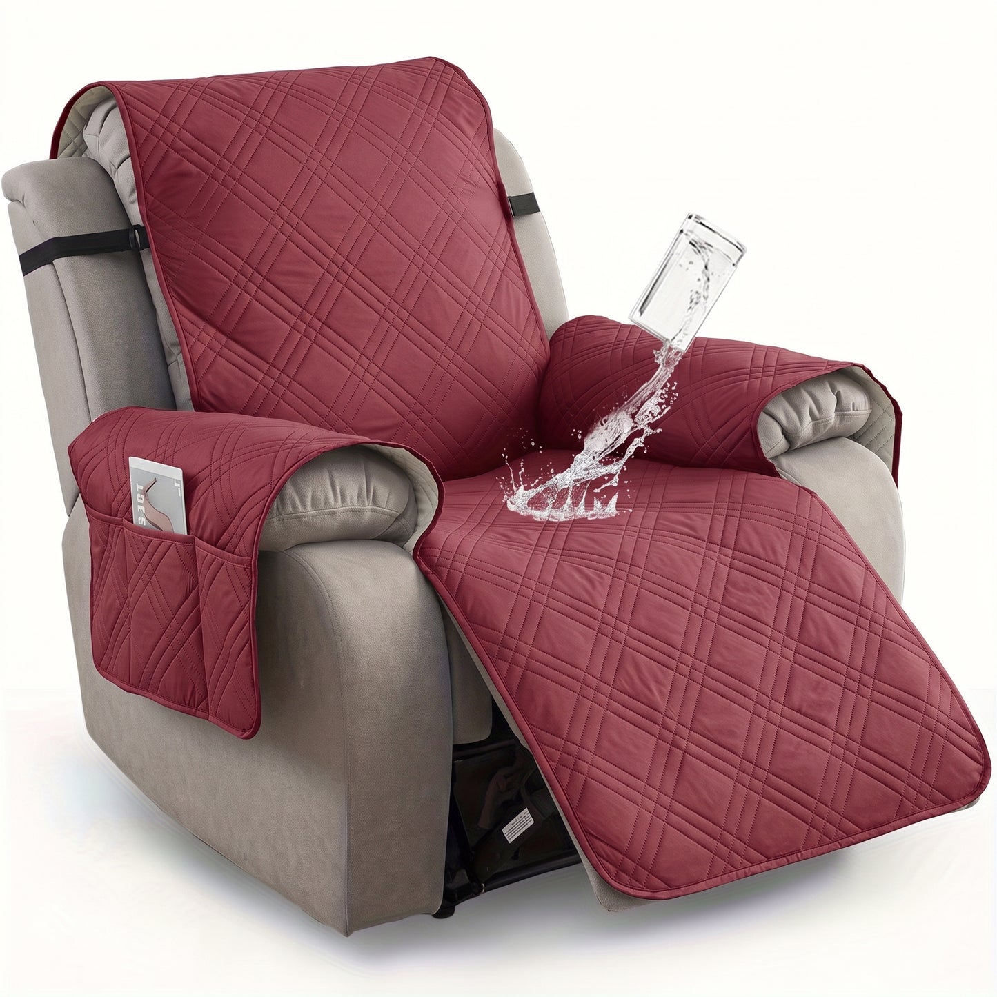 Waterproof Quilted Recliner Chair Cover With Non-Slip Backing & Storage Pockets