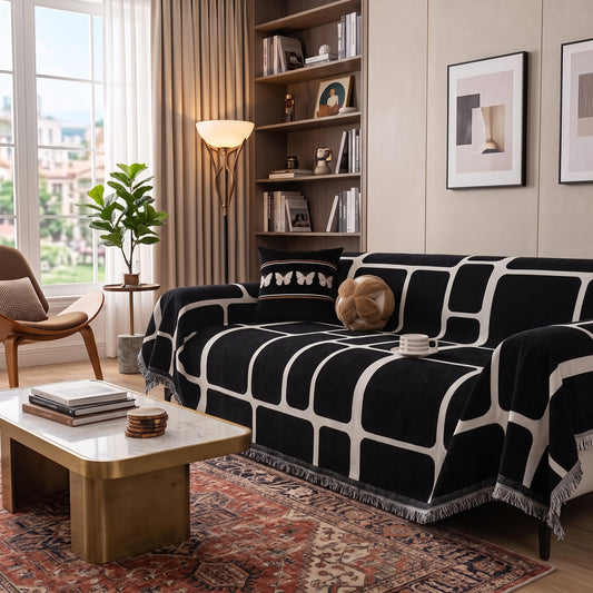 Geometric Jacquard Drape-Style Sofa Cover with Fringed Edge