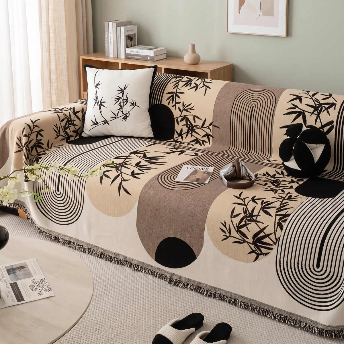 Geometric Anti-Slip Sofa Throw Cover with Tassel Fringe