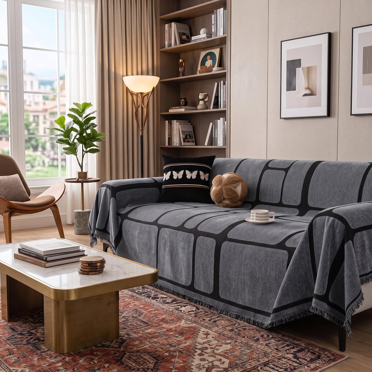 Geometric Jacquard Drape-Style Sofa Cover with Fringed Edge