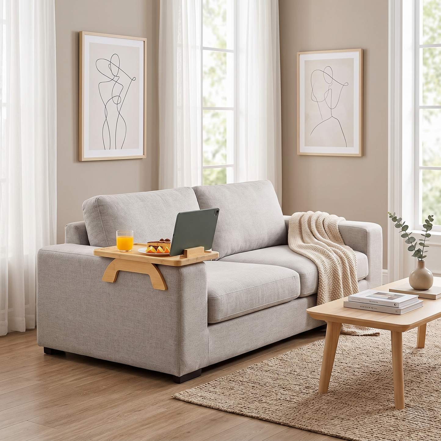 Bamboo Couch Arm Tray Table With Rotating Phone Holder