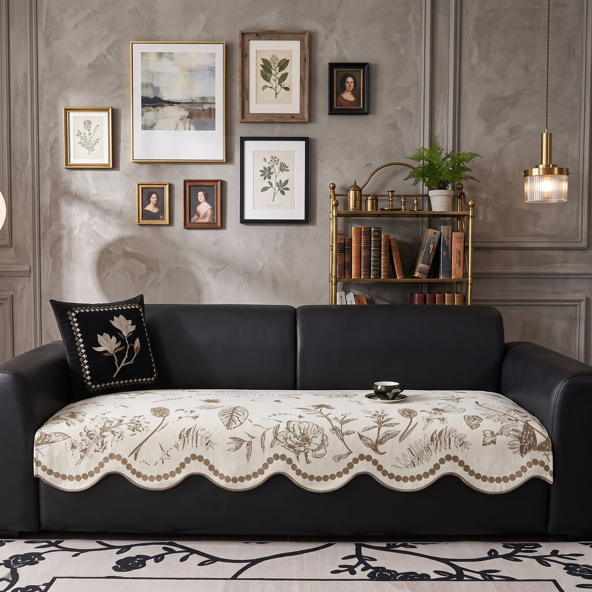 Chenille Anti-Slip Sofa Seat Cover with Scalloped Botanical Edge