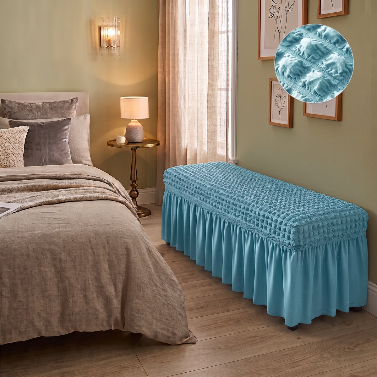 Stretch Textured Bench Cover with Ruffled Skirt