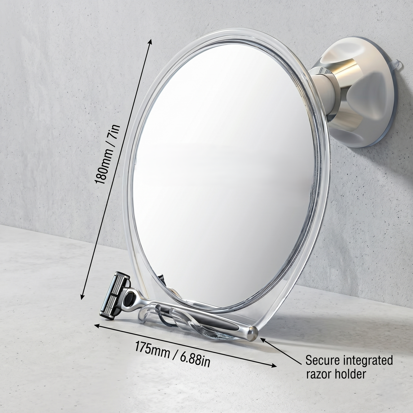 Fog-Free Shower Mirror with Razor Hook & Strong Suction Mount