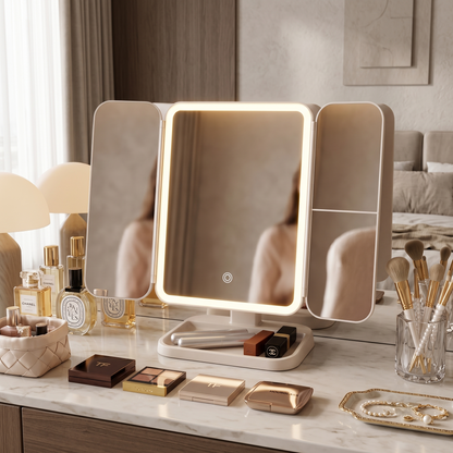 LED Tri-Fold Vanity Makeup Mirror with Adjustable Lighting & Magnification Panels