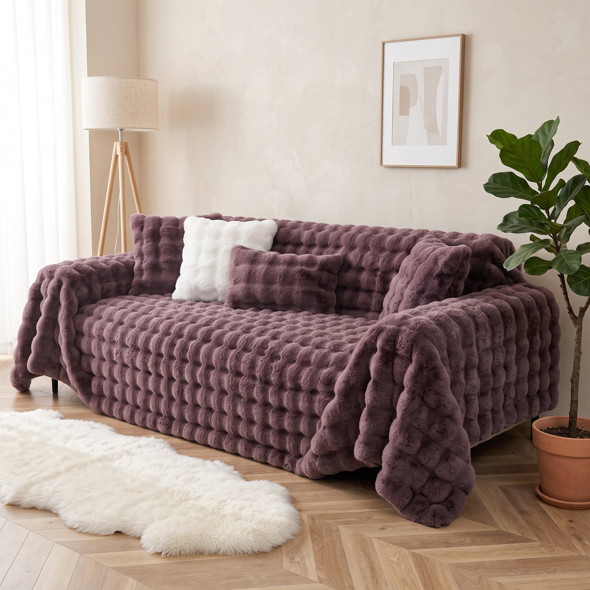 500 GSM Faux Rabbit Plush Sofa Cover Throw Blanket