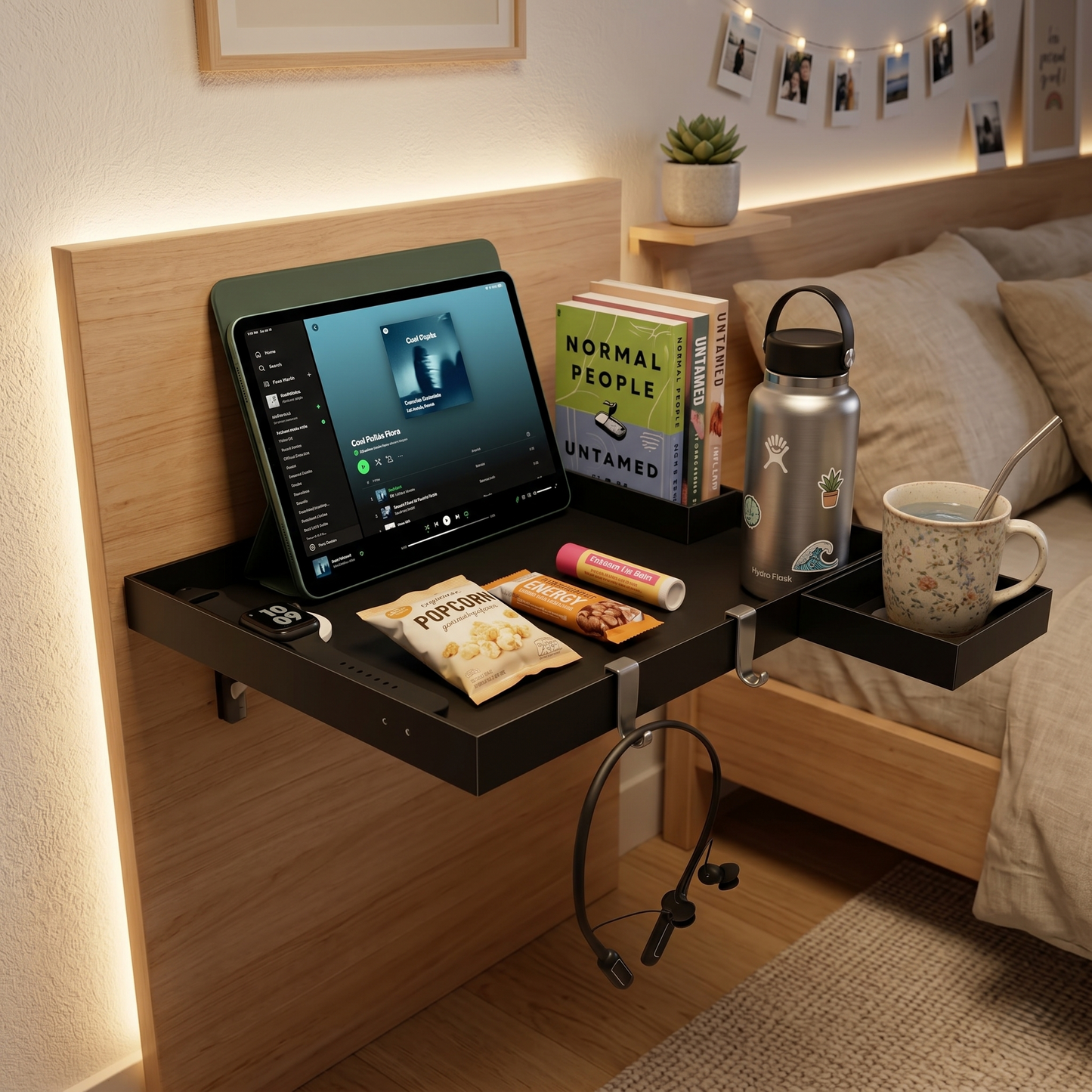 Kovelli™ Clip-On Bedside Shelf Tray – Space Saving Bed Organizer for Laptop, Phone & Drinks