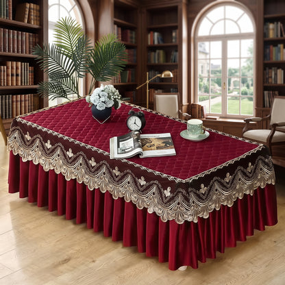 Quilted Velvet Table Cover with Embroidered Lace & Pleated Skirt