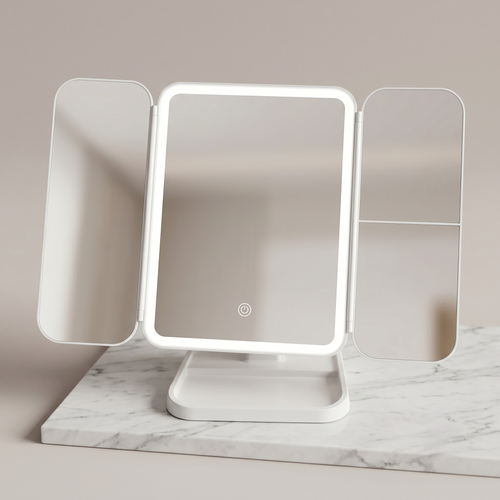 LED Tri-Fold Vanity Makeup Mirror with Adjustable Lighting & Magnification Panels