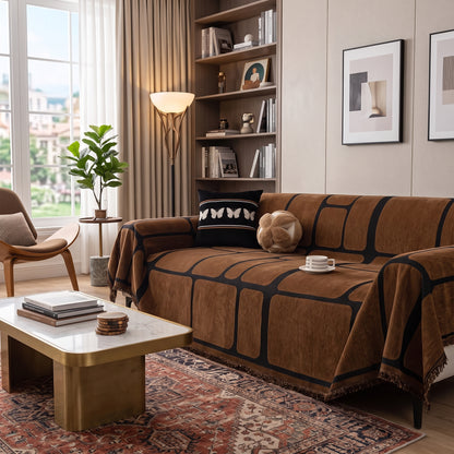 Geometric Jacquard Drape-Style Sofa Cover with Fringed Edge