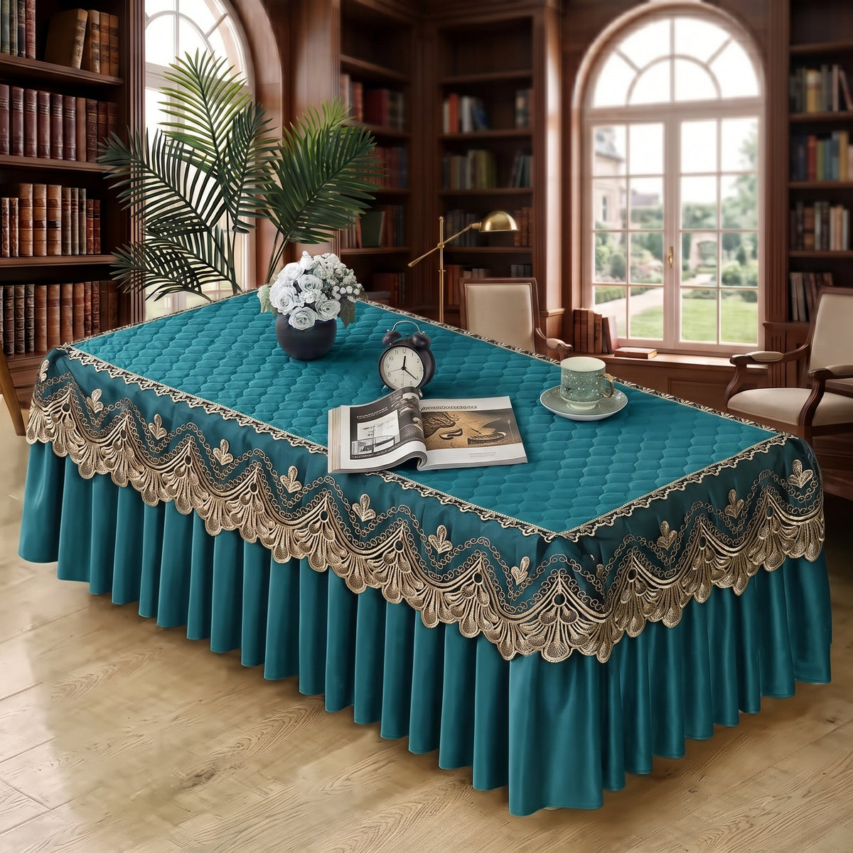 Quilted Velvet Table Cover with Embroidered Lace & Pleated Skirt