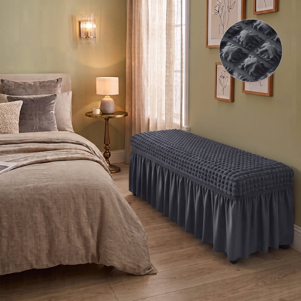 Stretch Textured Bench Cover with Ruffled Skirt