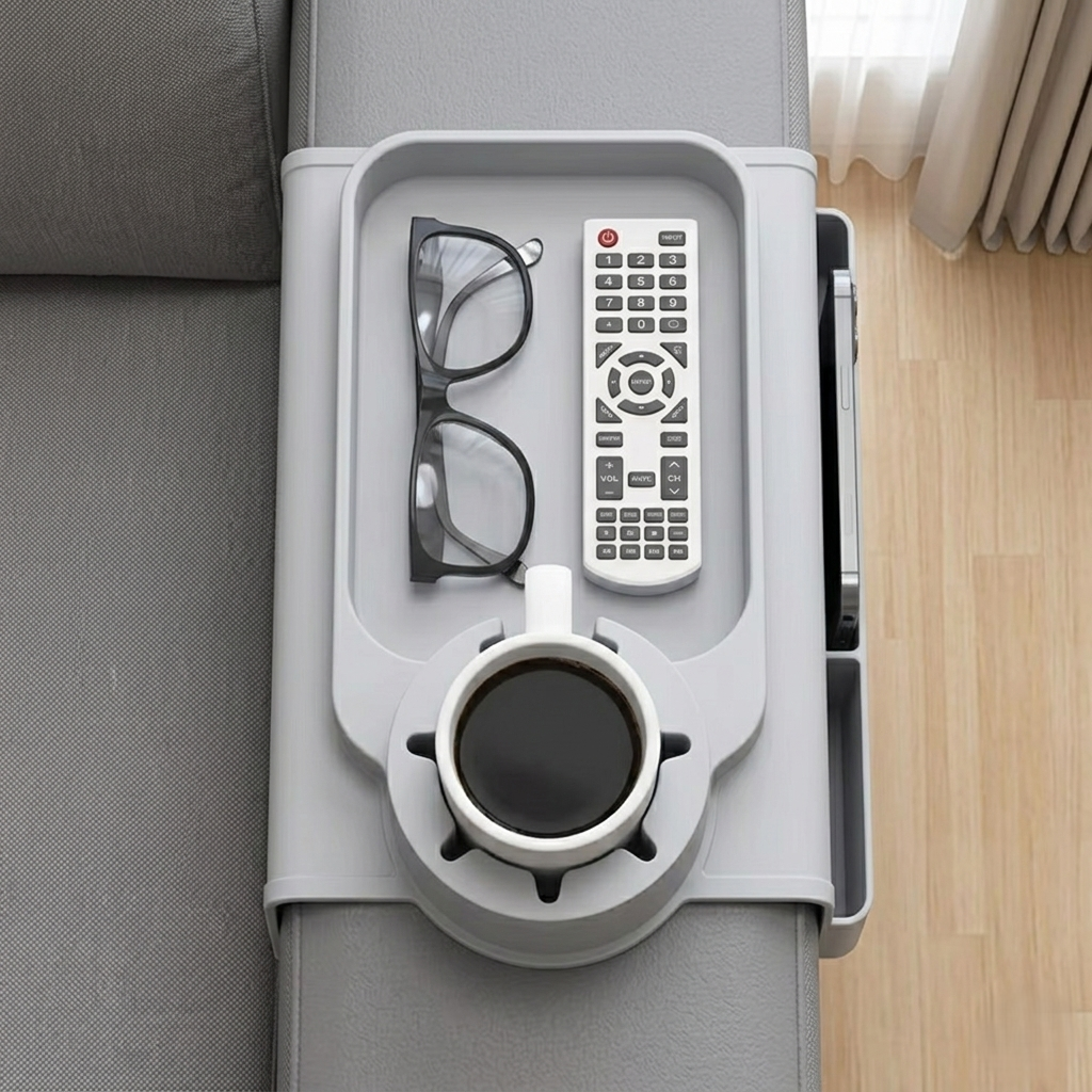 Premium Couch Arm Organizer Tray with Cup Holder & Storage Compartments