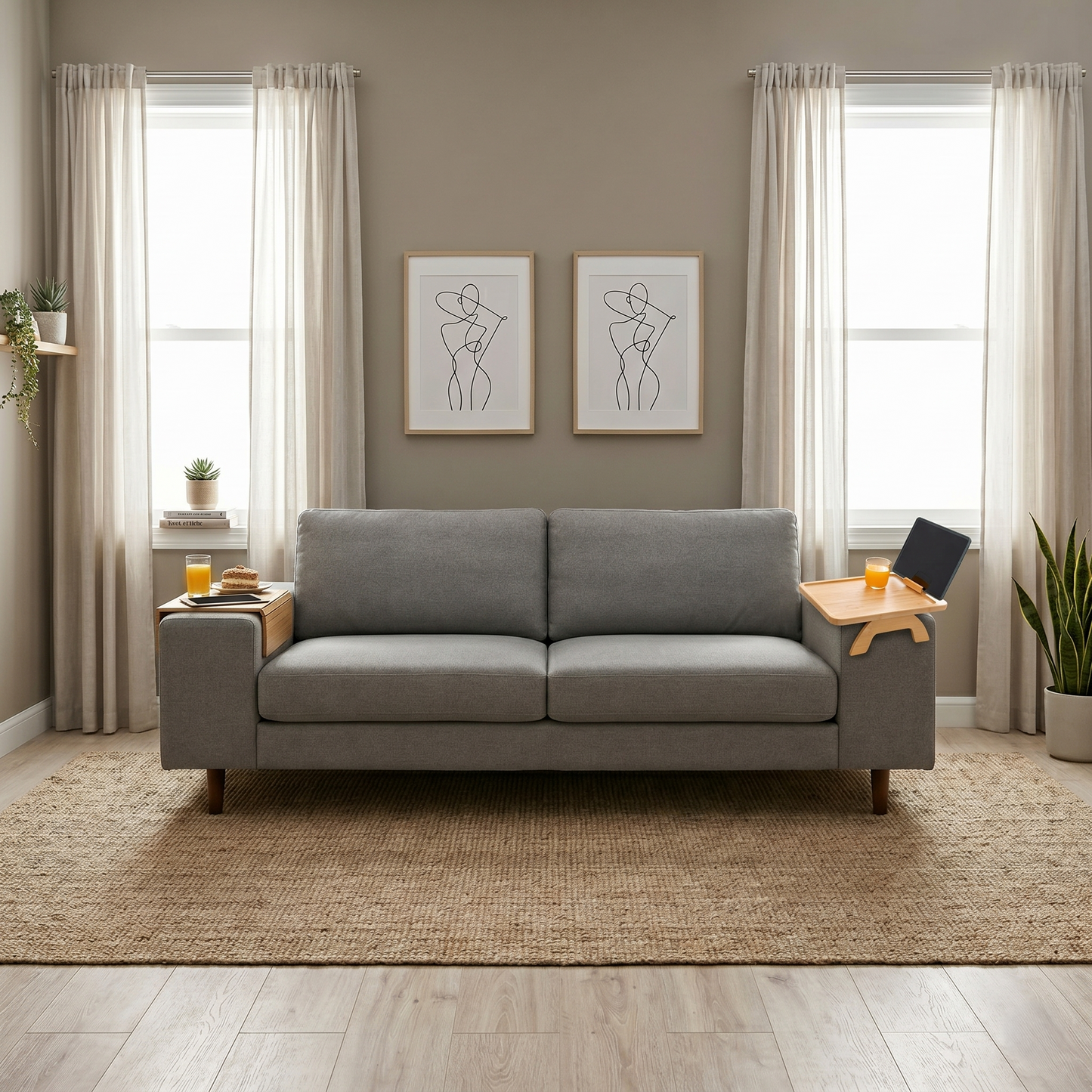 Bamboo Couch Arm Tray Table With Rotating Phone Holder