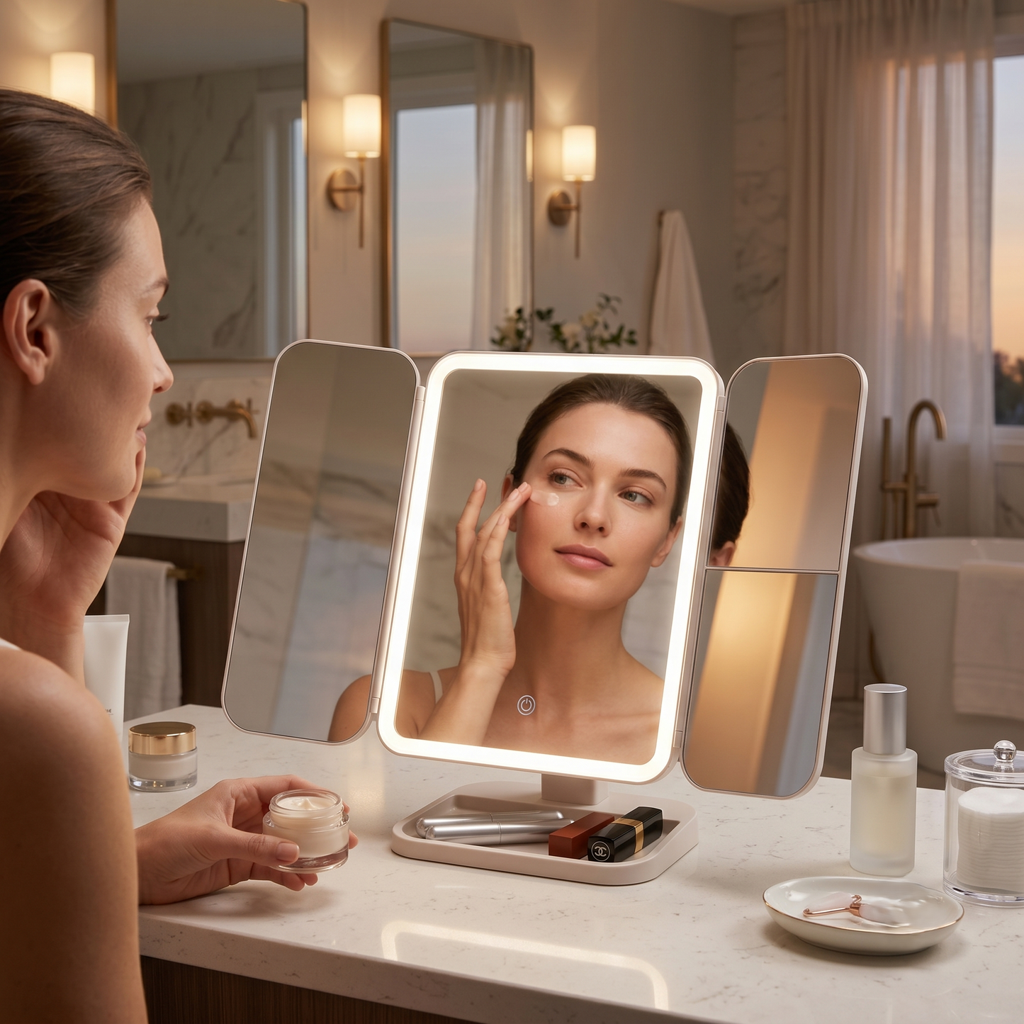 LED Tri-Fold Vanity Makeup Mirror with Adjustable Lighting & Magnification Panels