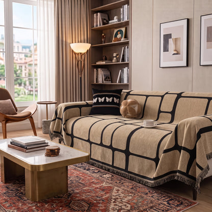 Geometric Jacquard Drape-Style Sofa Cover with Fringed Edge