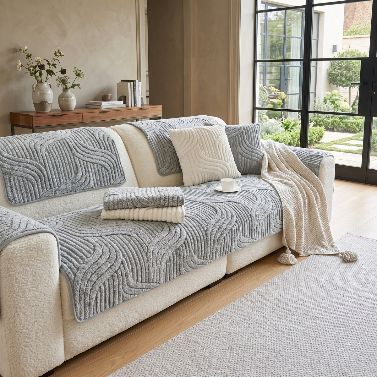 Velvet Striped Non-Slip Sofa Cushion Cover