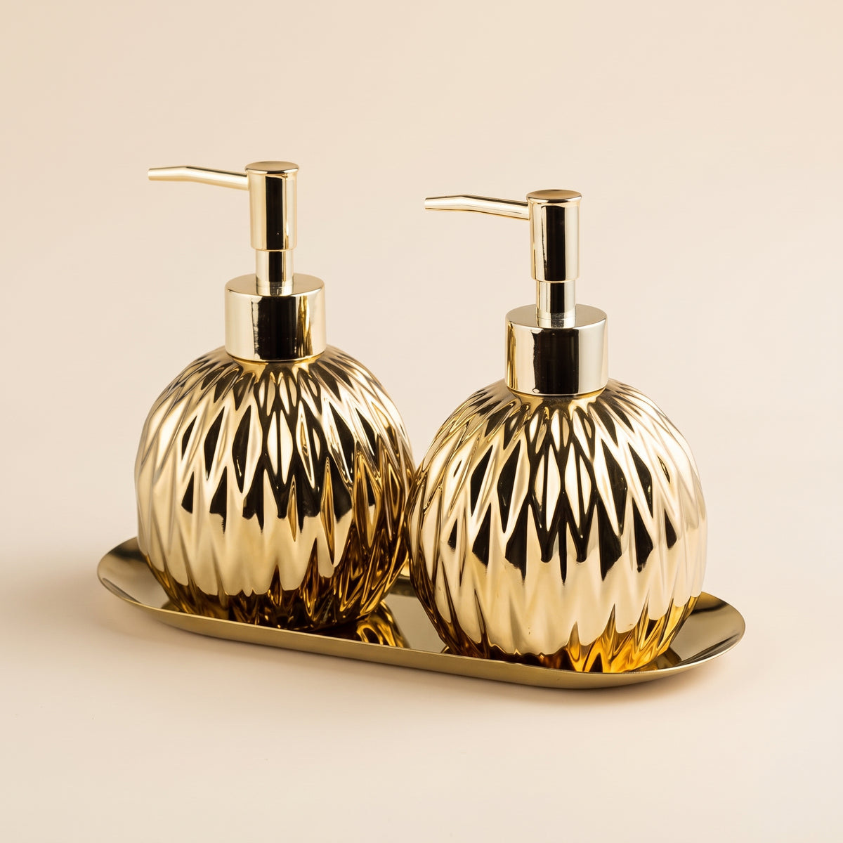 Faceted Ceramic Soap Dispenser Set with Matching Countertop Tray