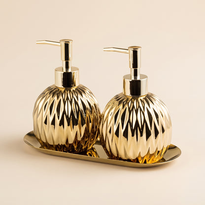 Faceted Ceramic Soap Dispenser Set with Matching Countertop Tray
