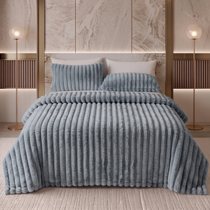 Wide-Ribbed Faux Rabbit Plush Blanket for Sofa & Bed