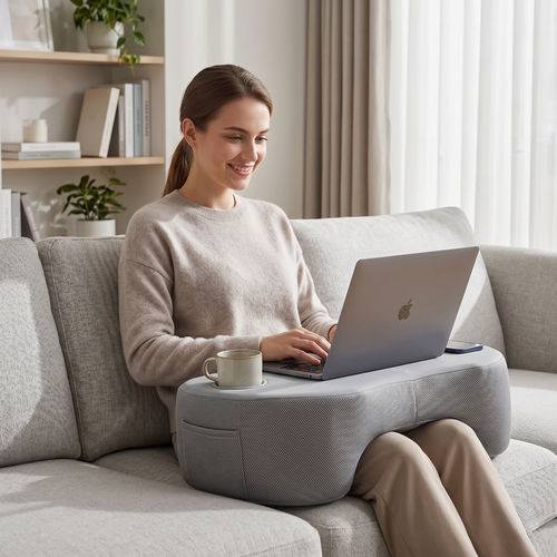 Ergonomic Lap Desk Pillow with Arm Support, Cup Holder & Side Pockets