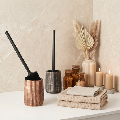 Ceramic Toilet Brush Holder Set With Modern Ribbed Design