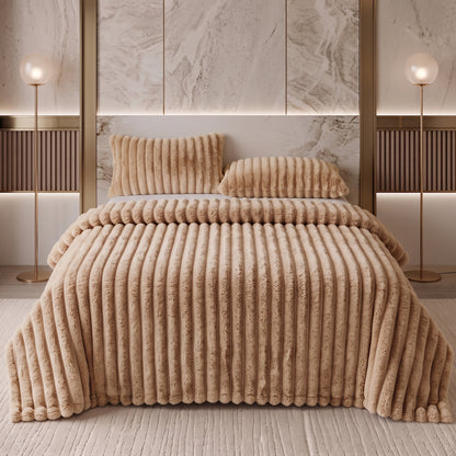 Wide-Ribbed Faux Rabbit Plush Blanket for Sofa & Bed