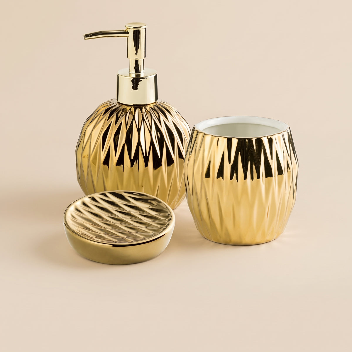 Faceted Ceramic Soap Dispenser Set with Matching Countertop Tray