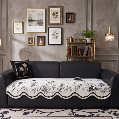 Chenille Anti-Slip Sofa Seat Cover with Scalloped Botanical Edge