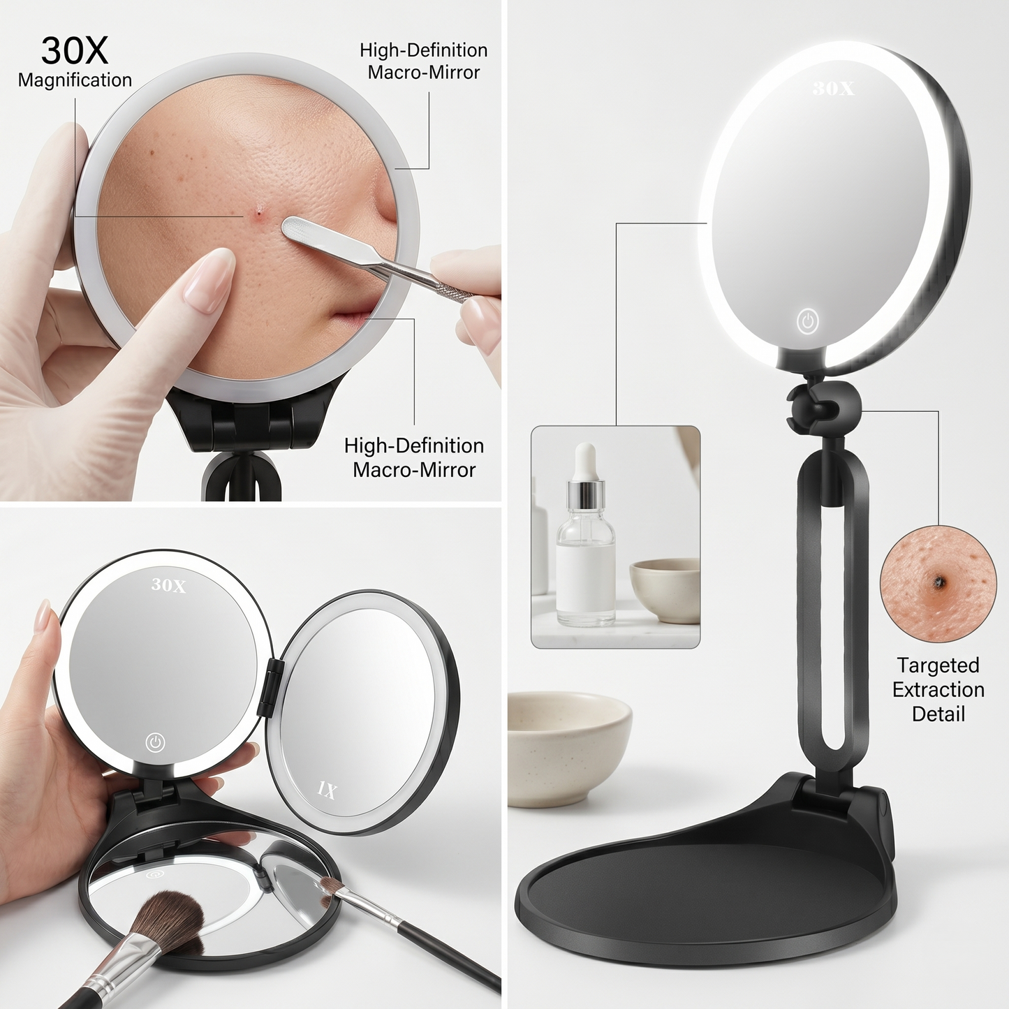 Kovelli™ LED Makeup Mirror with Lights & 30X Magnification – Rechargeable Portable Vanity Mirror