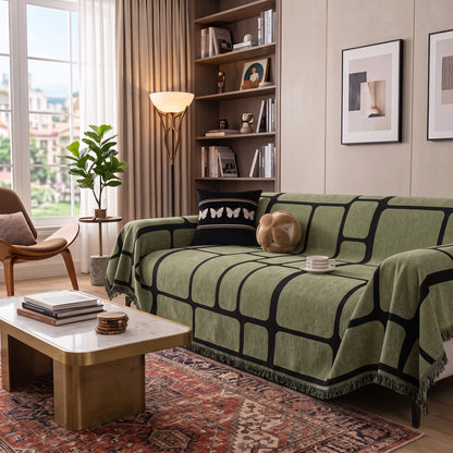Geometric Jacquard Drape-Style Sofa Cover with Fringed Edge