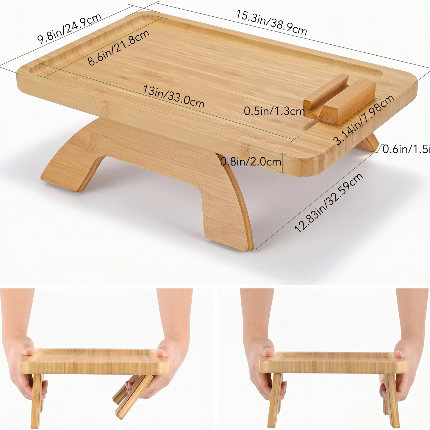 Bamboo Couch Arm Tray Table With Rotating Phone Holder