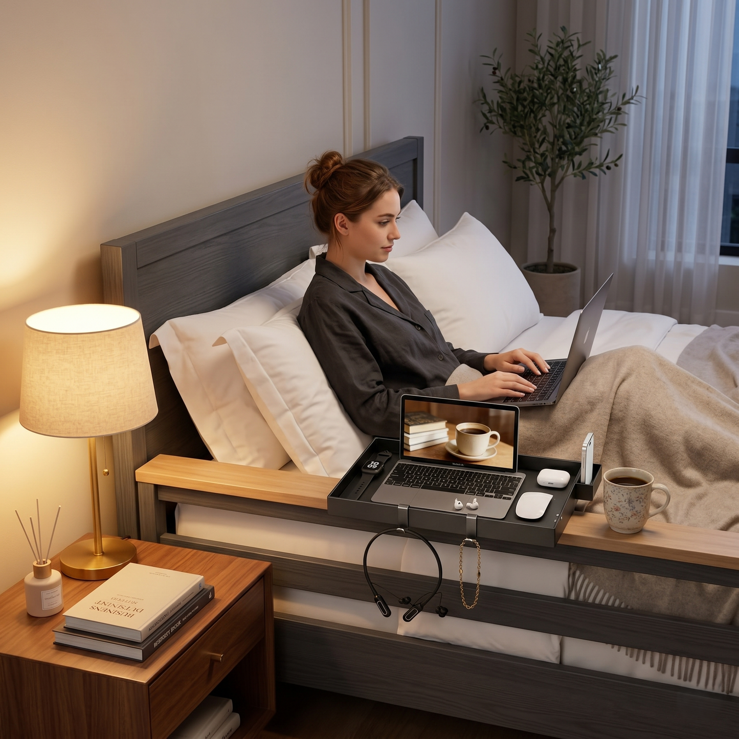 Kovelli™ Clip-On Bedside Shelf Tray – Space Saving Bed Organizer for Laptop, Phone & Drinks