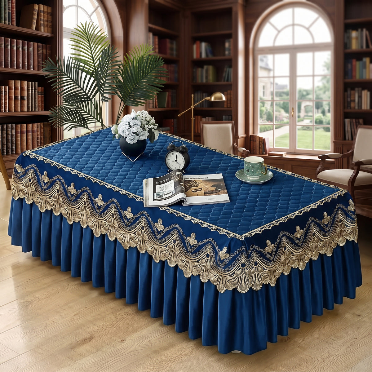 Quilted Velvet Table Cover with Embroidered Lace & Pleated Skirt
