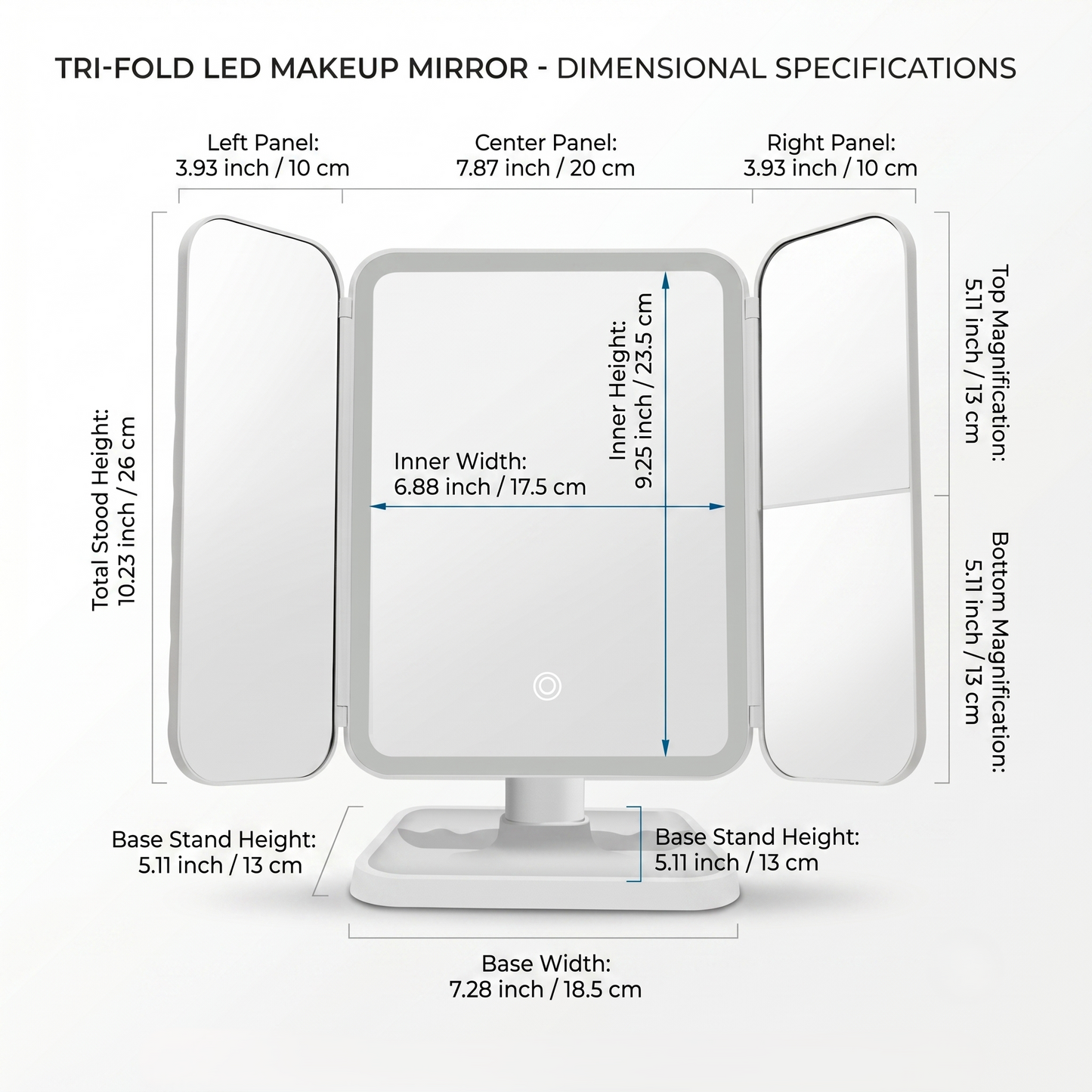 LED Tri-Fold Vanity Makeup Mirror with Adjustable Lighting & Magnification Panels